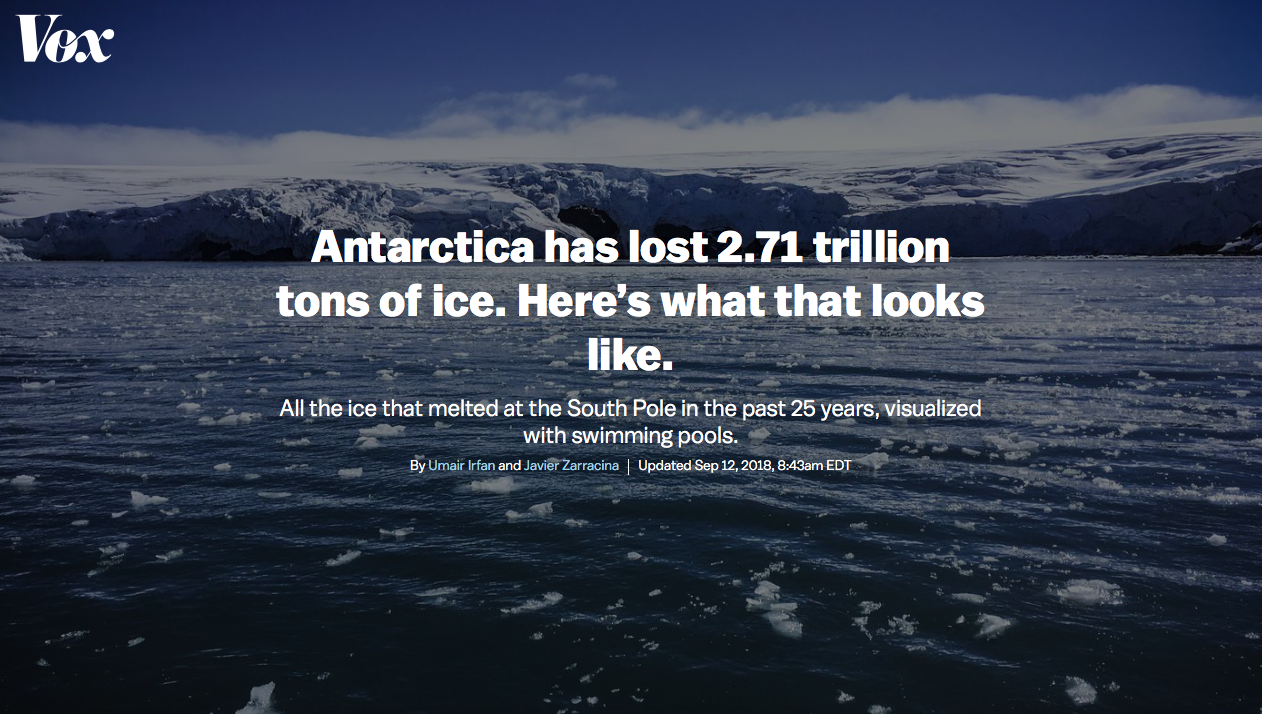 All the ice that melted at the South Pole in the past 25 years, visualized with swimming pools. By Umair Irfan and Javier Zarracina Updated Sep 12, 2018, 8:43am EDT --Blocks of ice drift on the water off the coast of Collins glacier on King George Island, Antarctica on February 1, 2018. AFP/Getty Images All the ice that melted at the South Pole in the past 25 years, visualized with swimming pools. By Umair Irfan and Javier Zarracina Updated Sep 12, 2018, 8:43am EDT --Blocks of ice drift on the water off the coast of Collins glacier on King George Island, Antarctica on February 1, 2018. AFP/Getty Images